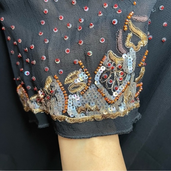 Chico's Uniquely Embellished Beaded V Neck Pullover Blouse Top Sz L Black Boho - Picture 6 of 11